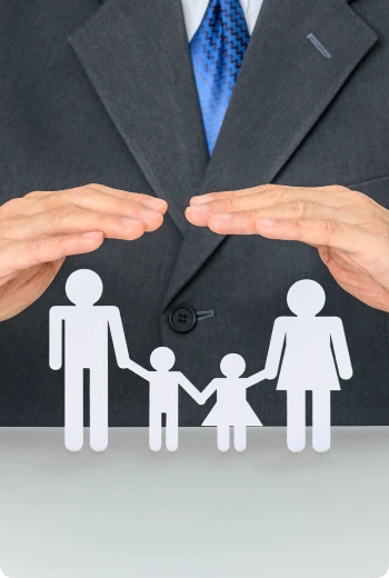 a person in a suit protecting a family