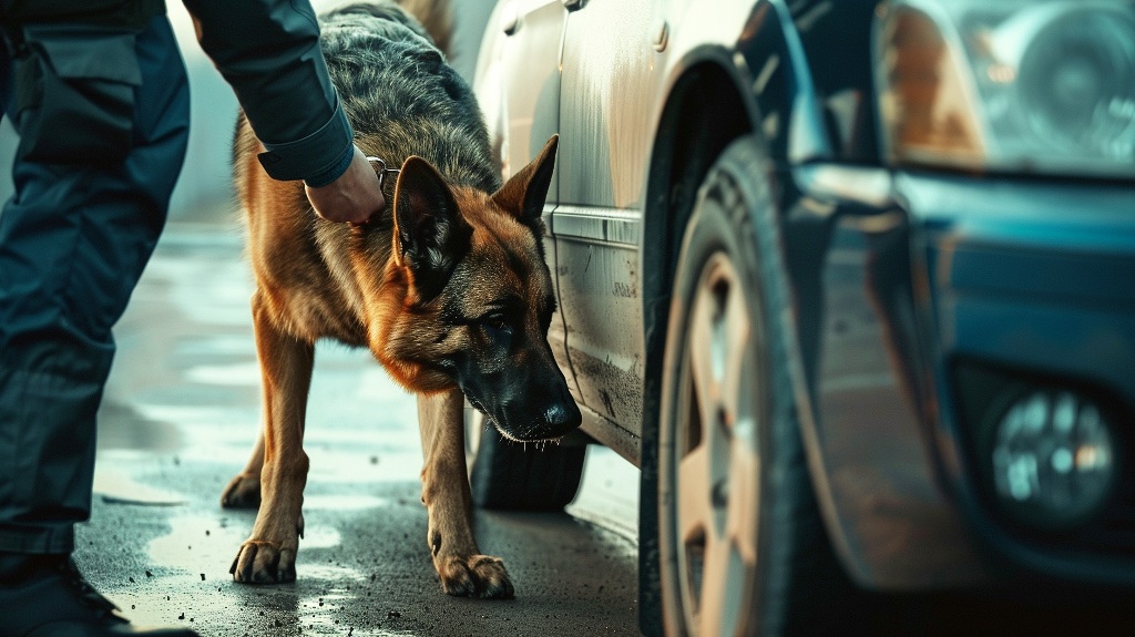 A police German shepherd helps to search a car